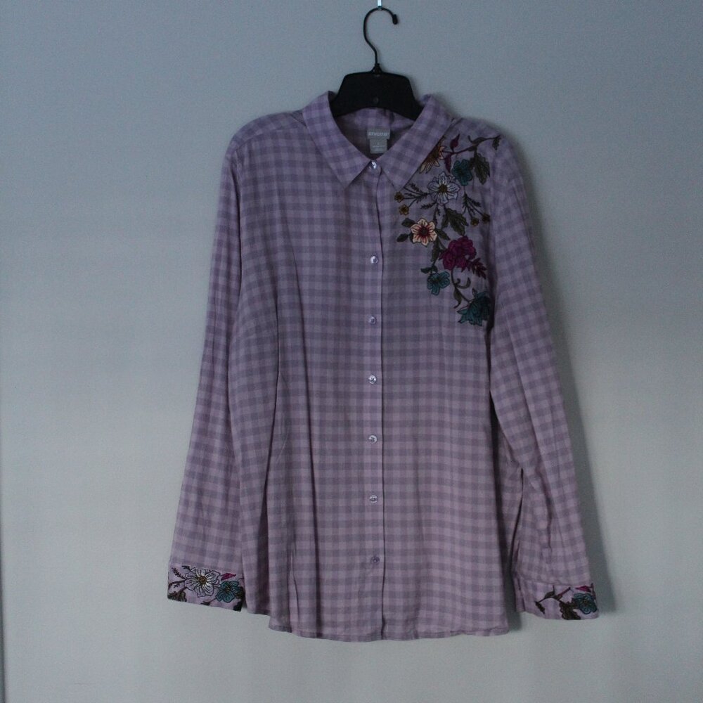 Chico’s Purple Gingham Floral Embroidered Button Down Shirt - Size 4 (2X)